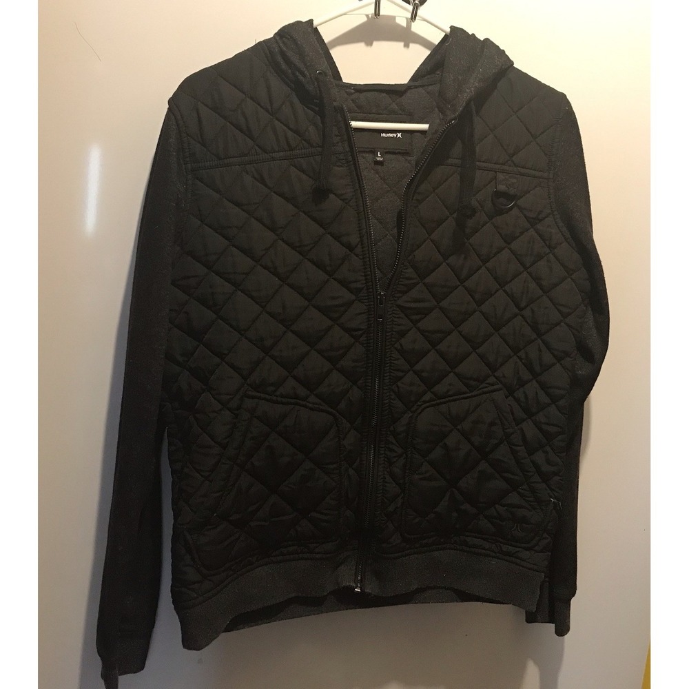 Hurley Full Zip Quilted Black Womens Jacket Size Large 20" PTP 22' Length